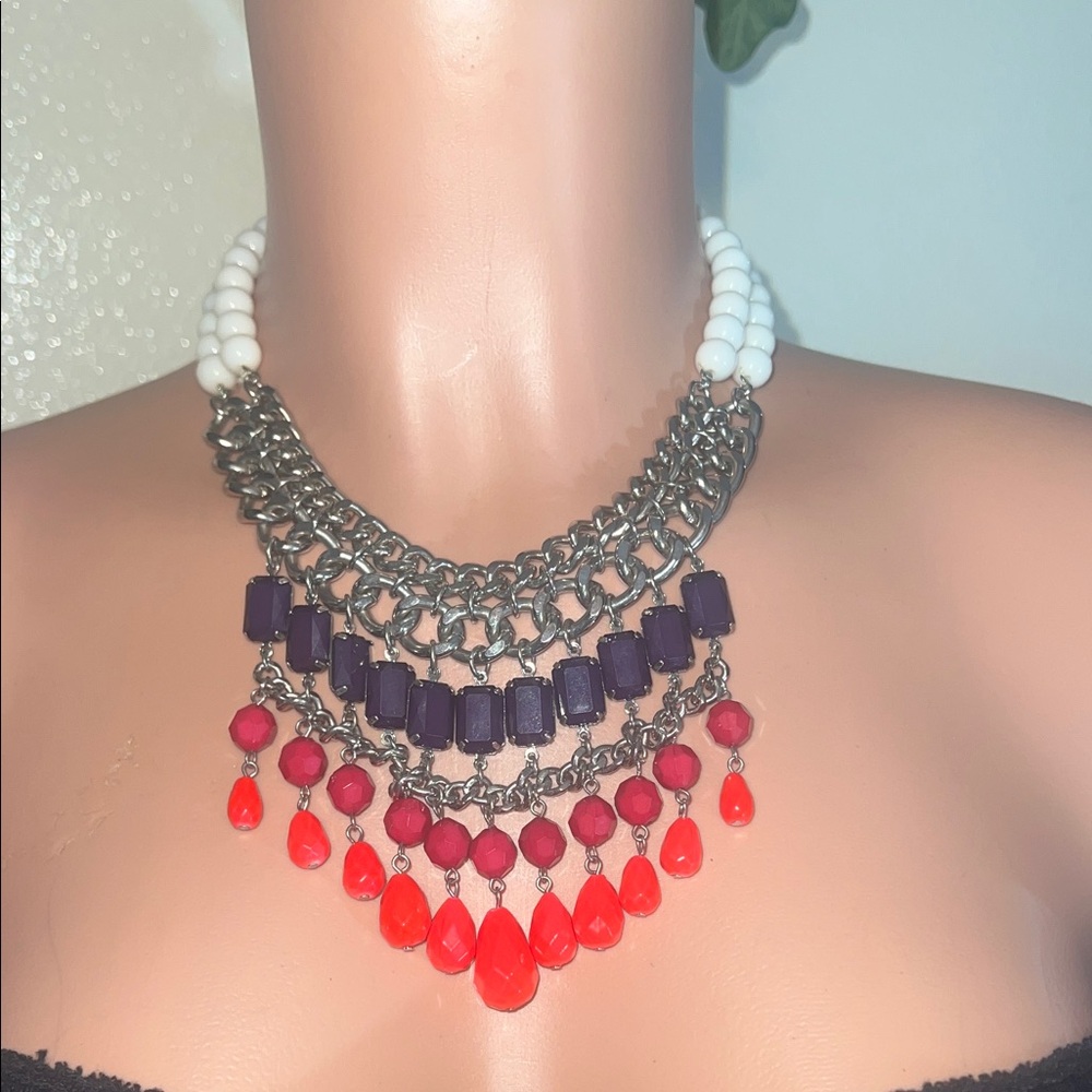 Statement White Bead Necklace with Purple and Red Dangles